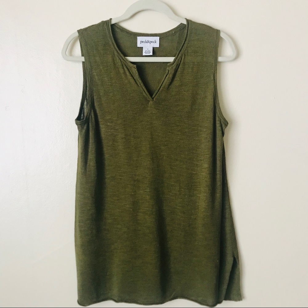 Olive green sleeveless tunic by Peck & Peck